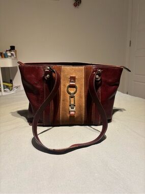 Etienne Aigner Burgundy and Tan Two-Tone Shoulder Bag with Metal Ring Accent